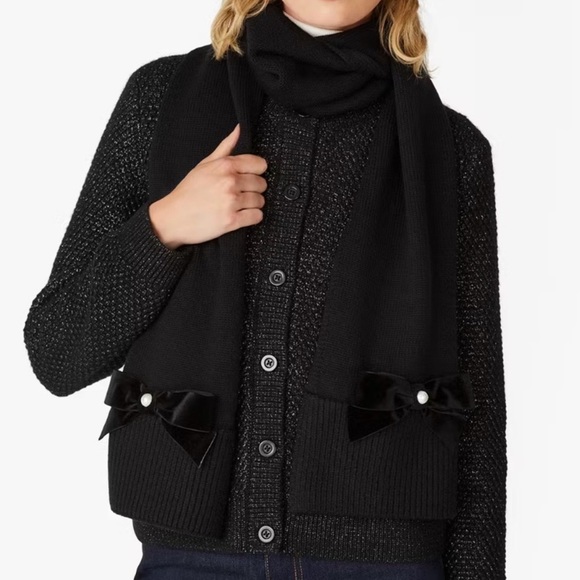 Kate Spade Black Wool Metallic Blend Velvet Bow Scarf New With Tag - Picture 2 of 10